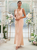 Sheath/Column Jersey Ruched V-neck Sleeveless Floor-Length Bridesmaid Dresses Evening Dress