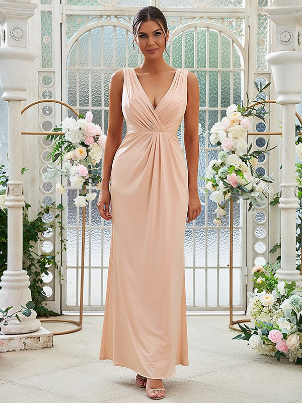 Sheath/Column Jersey Ruched V-neck Sleeveless Floor-Length Bridesmaid Dresses Evening Dress