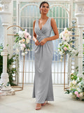 Sheath/Column Jersey Ruched V-neck Sleeveless Floor-Length Bridesmaid Dresses Evening Dress