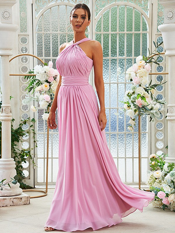 A-Linie/Princess-Linie Chiffon Rüschen Neckholder Ärmellos Bodenlang Brautjungfernkleider Abendkleid
