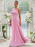 A-Linie/Princess-Linie Chiffon Rüschen Neckholder Ärmellos Bodenlang Brautjungfernkleider Abendkleid