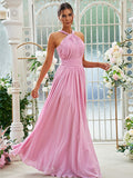 A-Linie/Princess-Linie Chiffon Rüschen Neckholder Ärmellos Bodenlang Brautjungfernkleider Abendkleid