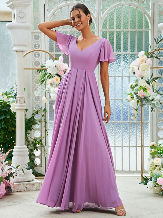 A-Line/Princess Chiffon Ruffles V-neck Short Sleeves Floor-Length Bridesmaid Dresses Evening Prom Dress