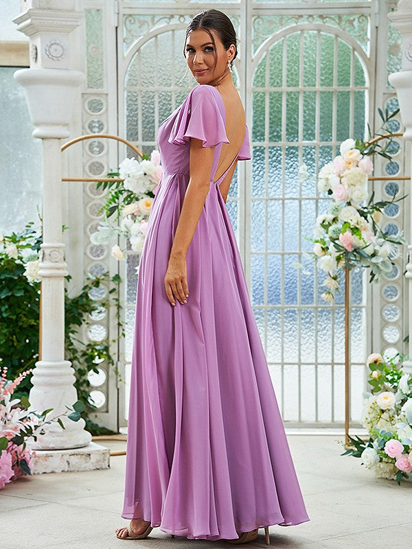 A-Line/Princess Chiffon Ruffles V-neck Short Sleeves Floor-Length Bridesmaid Dresses Evening Prom Dress