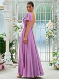 A-Line/Princess Chiffon Ruffles V-neck Short Sleeves Floor-Length Bridesmaid Dresses Evening Prom Dress