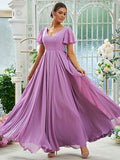 A-Line/Princess Chiffon Ruffles V-neck Short Sleeves Floor-Length Bridesmaid Dresses Evening Prom Dress