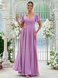 A-Line/Princess Chiffon Ruffles V-neck Short Sleeves Floor-Length Bridesmaid Dresses Evening Prom Dress