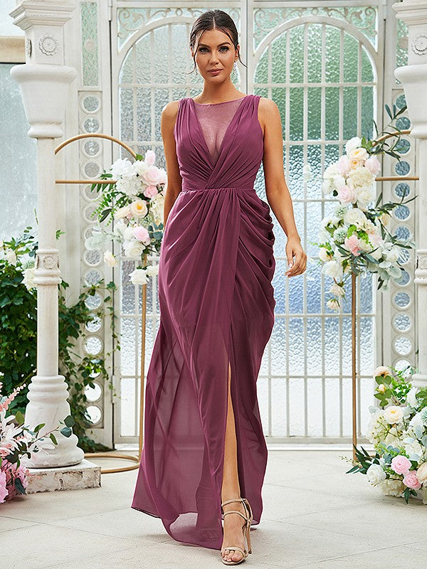 Sheath/Column Chiffon Ruched Scoop Sleeveless Floor-Length Bridesmaid Dresses Evening Dress