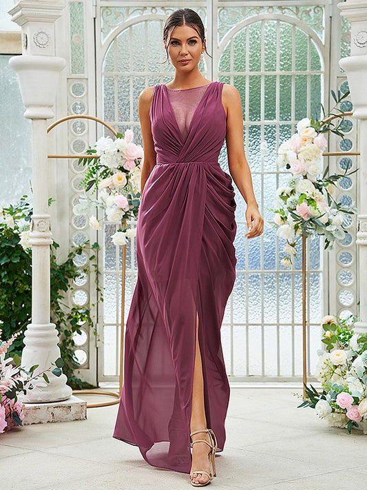 Sheath/Column Chiffon Ruched Scoop Sleeveless Floor-Length Bridesmaid Dresses Evening Dress