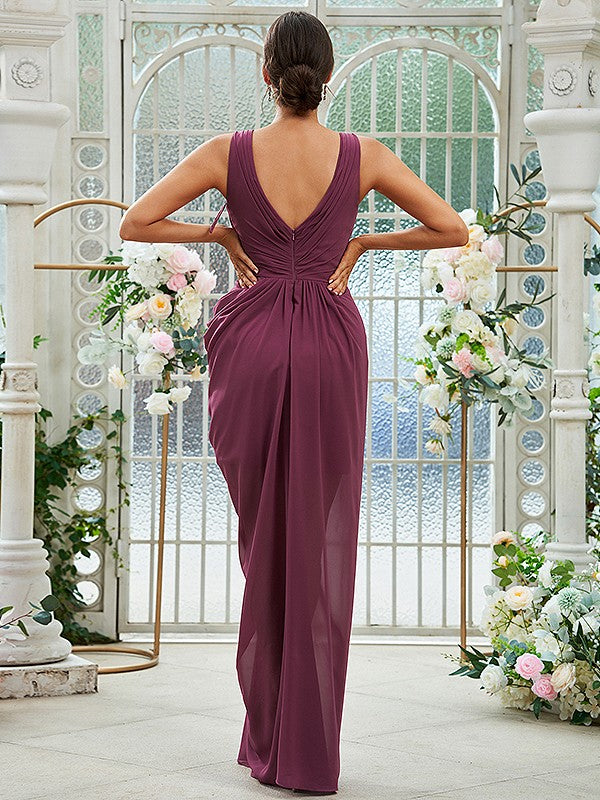 Sheath/Column Chiffon Ruched Scoop Sleeveless Floor-Length Bridesmaid Dresses Evening Dress