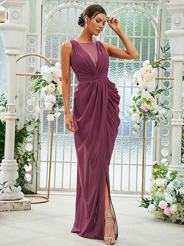 Sheath/Column Chiffon Ruched Scoop Sleeveless Floor-Length Bridesmaid Dresses Evening Dress