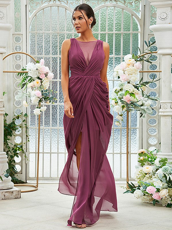 Sheath/Column Chiffon Ruched Scoop Sleeveless Floor-Length Bridesmaid Dresses Evening Dress