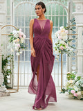 Sheath/Column Chiffon Ruched Scoop Sleeveless Floor-Length Bridesmaid Dresses Evening Dress