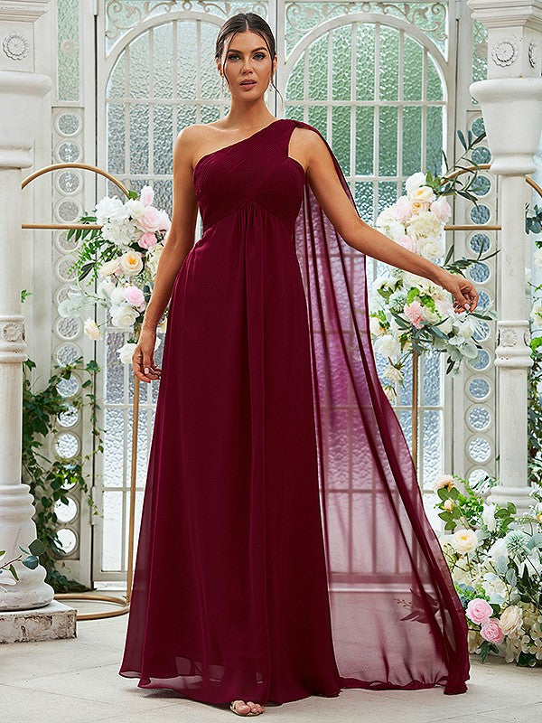A-Line/Princess Chiffon Ruched One-Shoulder Sleeveless Floor-Length Bridesmaid Dresses Evening Prom Dress