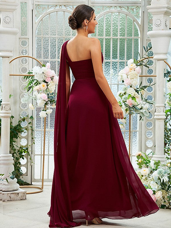 A-Line/Princess Chiffon Ruched One-Shoulder Sleeveless Floor-Length Bridesmaid Dresses Evening Prom Dress