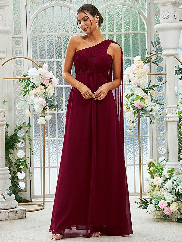 A-Line/Princess Chiffon Ruched One-Shoulder Sleeveless Floor-Length Bridesmaid Dresses Evening Prom Dress