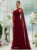 A-Line/Princess Chiffon Ruched One-Shoulder Sleeveless Floor-Length Bridesmaid Dresses Evening Prom Dress