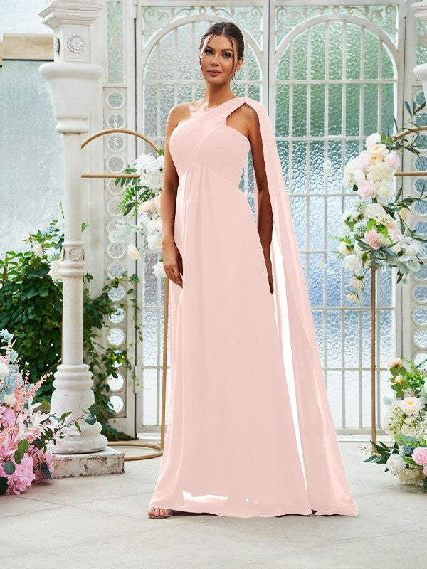 A-Line/Princess Chiffon Ruched One-Shoulder Sleeveless Floor-Length Bridesmaid Dresses Evening Prom Dress