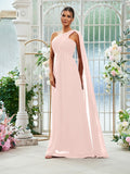 A-Line/Princess Chiffon Ruched One-Shoulder Sleeveless Floor-Length Bridesmaid Dresses Evening Prom Dress