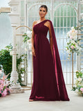 A-Line/Princess Chiffon Ruched One-Shoulder Sleeveless Floor-Length Bridesmaid Dresses Evening Prom Dress