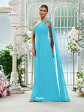 A-Line/Princess Chiffon Ruched One-Shoulder Sleeveless Floor-Length Bridesmaid Dresses Evening Prom Dress