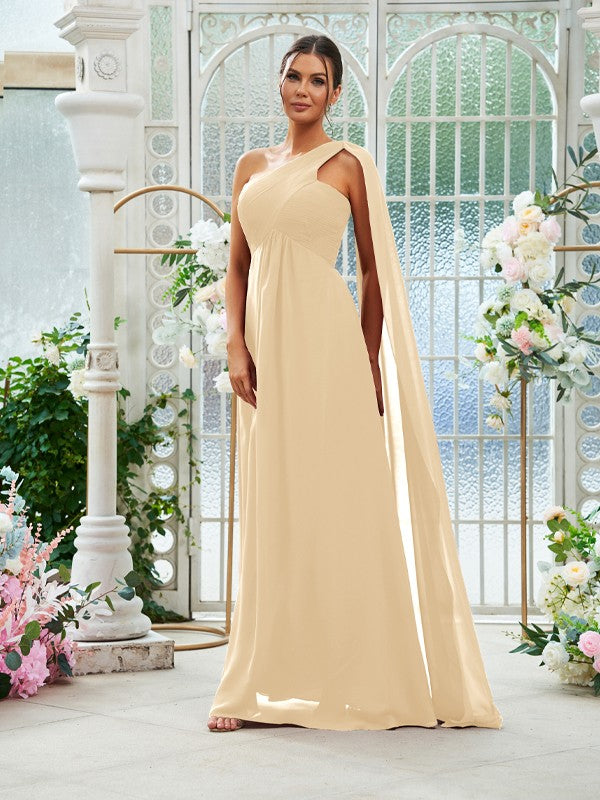 A-Line/Princess Chiffon Ruched One-Shoulder Sleeveless Floor-Length Bridesmaid Dresses Evening Prom Dress