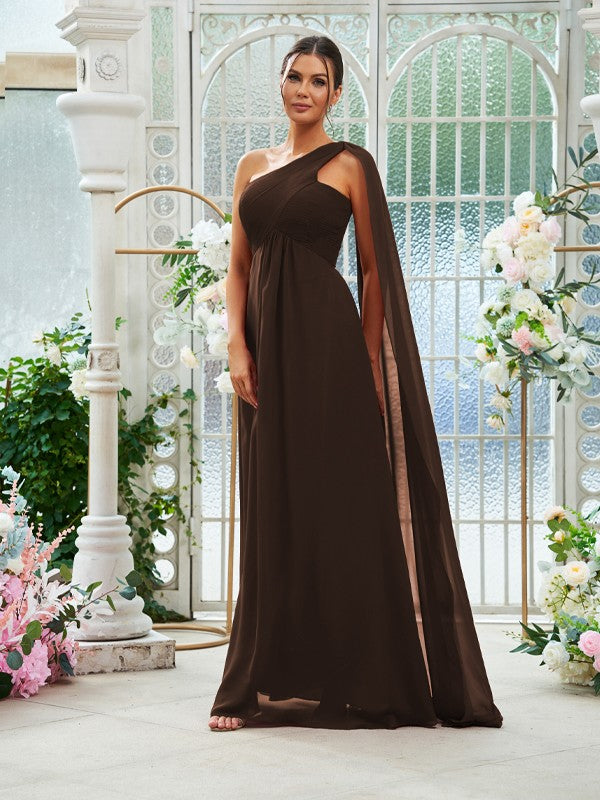 A-Line/Princess Chiffon Ruched One-Shoulder Sleeveless Floor-Length Bridesmaid Dresses Evening Prom Dress