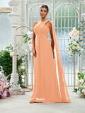 A-Line/Princess Chiffon Ruched One-Shoulder Sleeveless Floor-Length Bridesmaid Dresses Evening Prom Dress