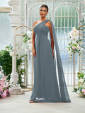 A-Line/Princess Chiffon Ruched One-Shoulder Sleeveless Floor-Length Bridesmaid Dresses Evening Prom Dress