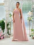 A-Line/Princess Chiffon Ruched One-Shoulder Sleeveless Floor-Length Bridesmaid Dresses Evening Prom Dress