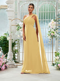 A-Line/Princess Chiffon Ruched One-Shoulder Sleeveless Floor-Length Bridesmaid Dresses Evening Prom Dress