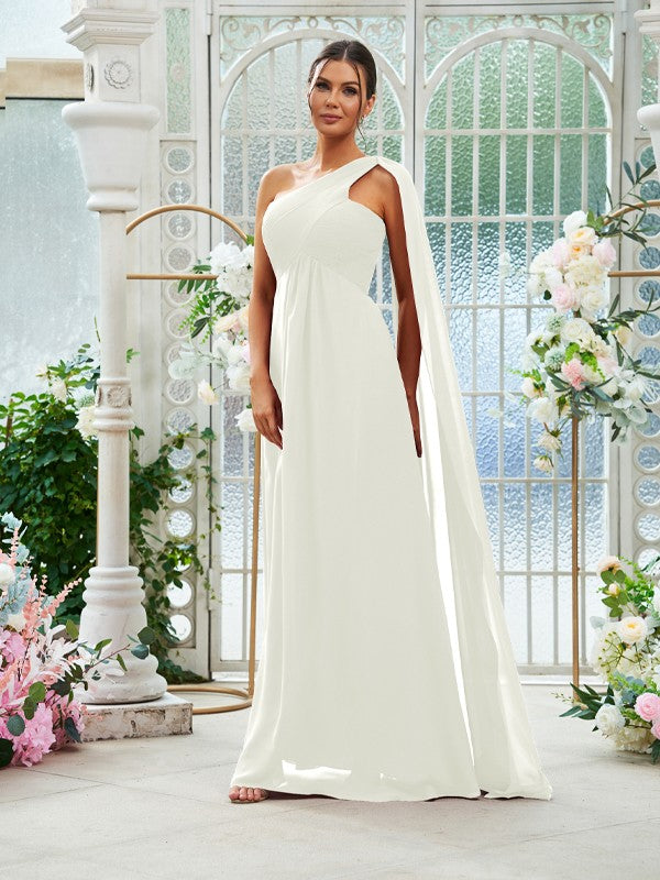 A-Line/Princess Chiffon Ruched One-Shoulder Sleeveless Floor-Length Bridesmaid Dresses Evening Prom Dress