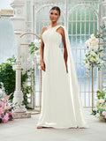 A-Line/Princess Chiffon Ruched One-Shoulder Sleeveless Floor-Length Bridesmaid Dresses Evening Prom Dress