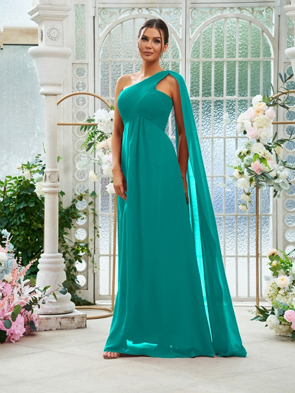 A-Line/Princess Chiffon Ruched One-Shoulder Sleeveless Floor-Length Bridesmaid Dresses Evening Prom Dress