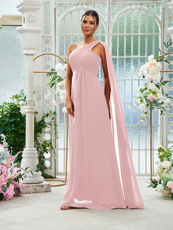 A-Line/Princess Chiffon Ruched One-Shoulder Sleeveless Floor-Length Bridesmaid Dresses Evening Prom Dress