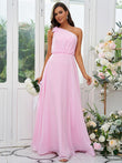 A-Line/Princess Chiffon Bowknot One-Shoulder Sleeveless Floor-Length Bridesmaid Dresses Evening Dress