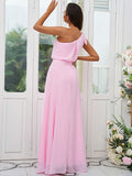 A-Line/Princess Chiffon Bowknot One-Shoulder Sleeveless Floor-Length Bridesmaid Dresses Evening Dress