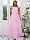 A-Line/Princess Chiffon Bowknot One-Shoulder Sleeveless Floor-Length Bridesmaid Dresses Evening Dress