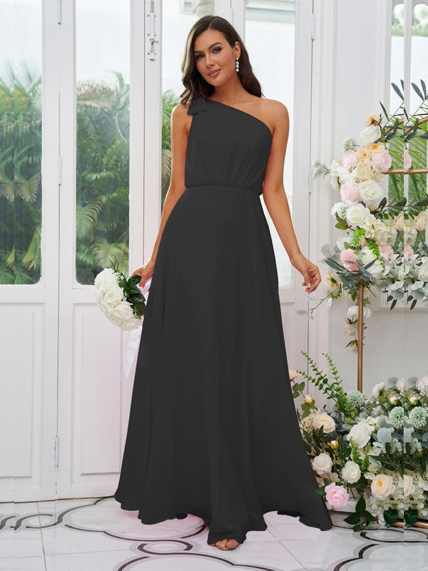 A-Line/Princess Chiffon Bowknot One-Shoulder Sleeveless Floor-Length Bridesmaid Dresses Evening Dress