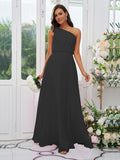 A-Line/Princess Chiffon Bowknot One-Shoulder Sleeveless Floor-Length Bridesmaid Dresses Evening Dress