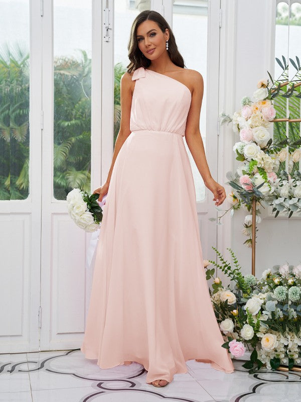A-Line/Princess Chiffon Bowknot One-Shoulder Sleeveless Floor-Length Bridesmaid Dresses Evening Dress
