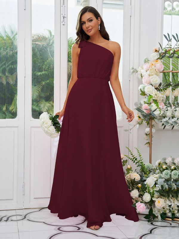 A-Line/Princess Chiffon Bowknot One-Shoulder Sleeveless Floor-Length Bridesmaid Dresses Evening Dress