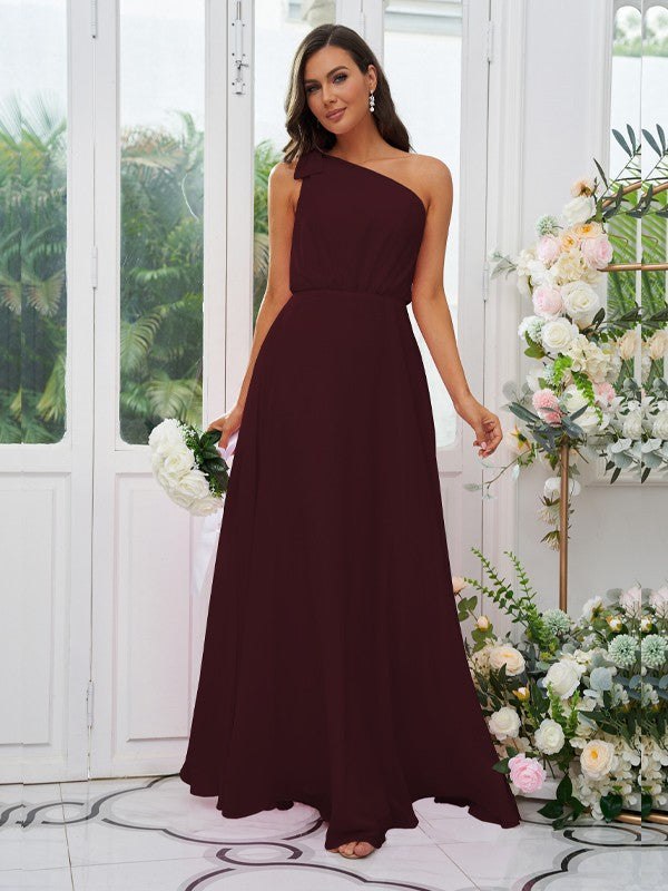 A-Line/Princess Chiffon Bowknot One-Shoulder Sleeveless Floor-Length Bridesmaid Dresses Evening Dress