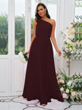A-Line/Princess Chiffon Bowknot One-Shoulder Sleeveless Floor-Length Bridesmaid Dresses Evening Dress