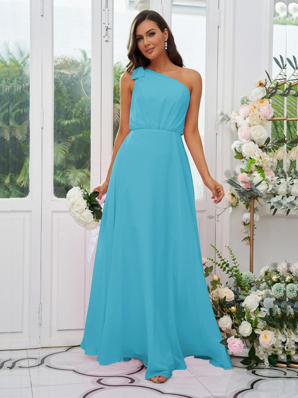 A-Line/Princess Chiffon Bowknot One-Shoulder Sleeveless Floor-Length Bridesmaid Dresses Evening Dress