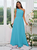A-Line/Princess Chiffon Bowknot One-Shoulder Sleeveless Floor-Length Bridesmaid Dresses Evening Dress