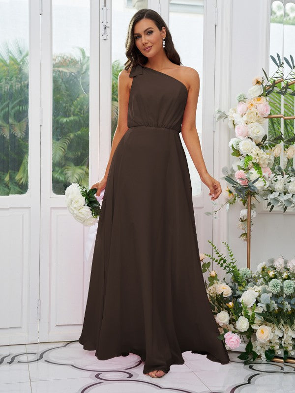A-Line/Princess Chiffon Bowknot One-Shoulder Sleeveless Floor-Length Bridesmaid Dresses Evening Dress