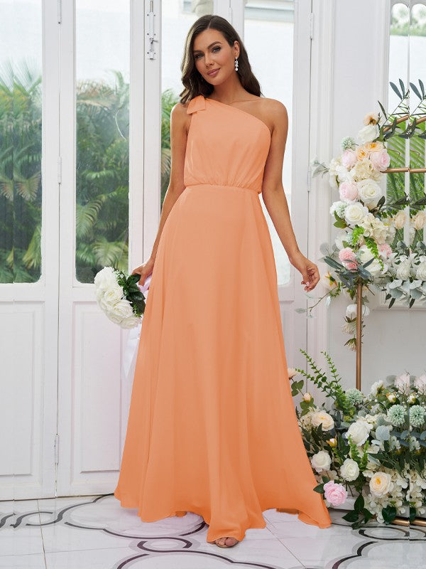 A-Line/Princess Chiffon Bowknot One-Shoulder Sleeveless Floor-Length Bridesmaid Dresses Evening Dress