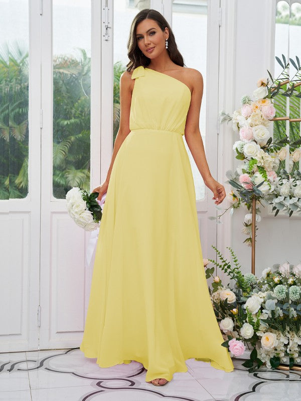 A-Line/Princess Chiffon Bowknot One-Shoulder Sleeveless Floor-Length Bridesmaid Dresses Evening Dress