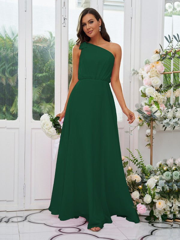 A-Line/Princess Chiffon Bowknot One-Shoulder Sleeveless Floor-Length Bridesmaid Dresses Evening Dress